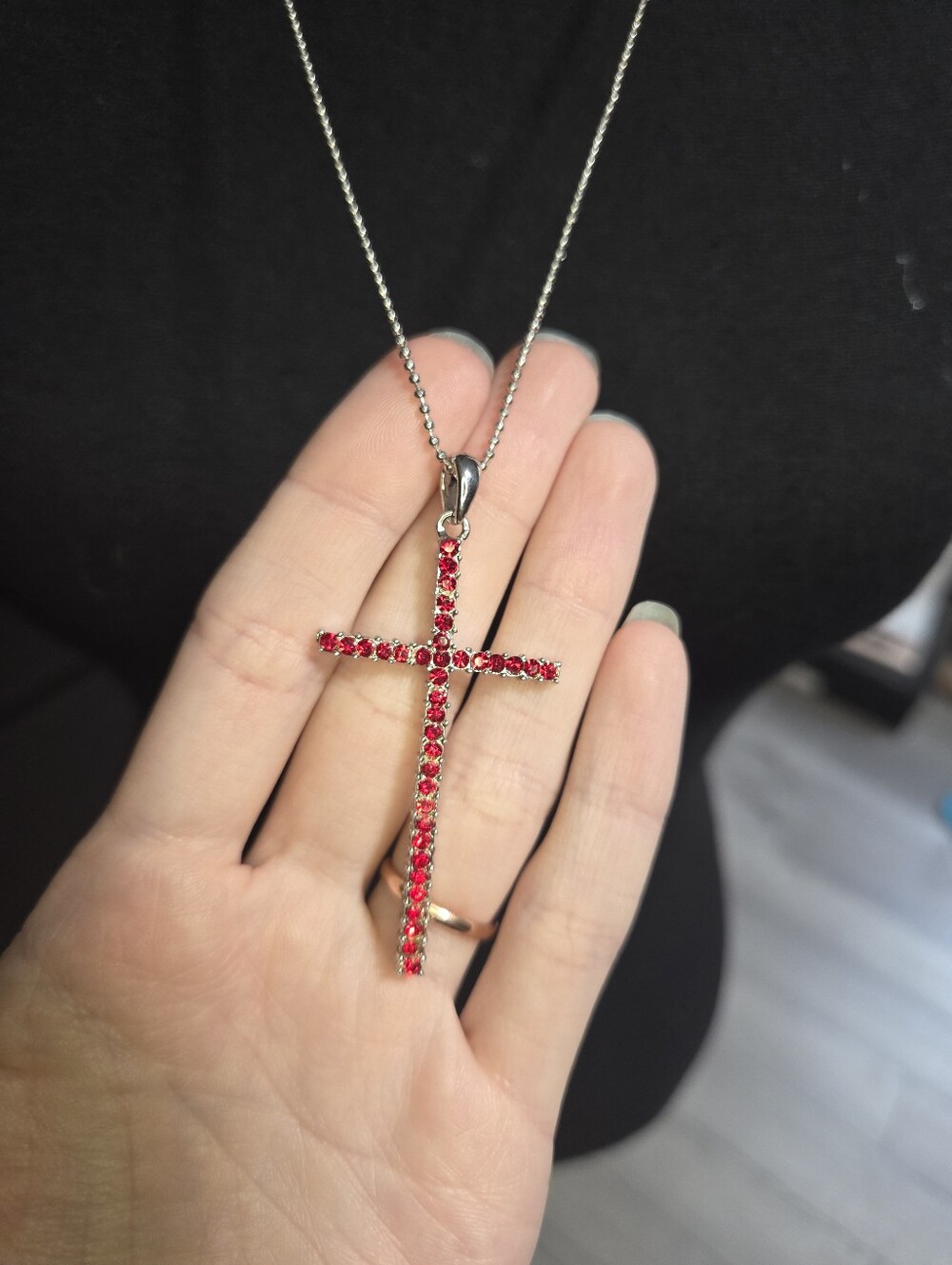 Red Cross Silver Rhinestone Ball Chain Necklace Large Pendant Goth Sparkly Emo